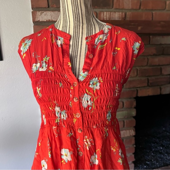 Free People Greatest Day Floral Print Smocked Mini Dress in Red Sz M - Picture 3 of 7